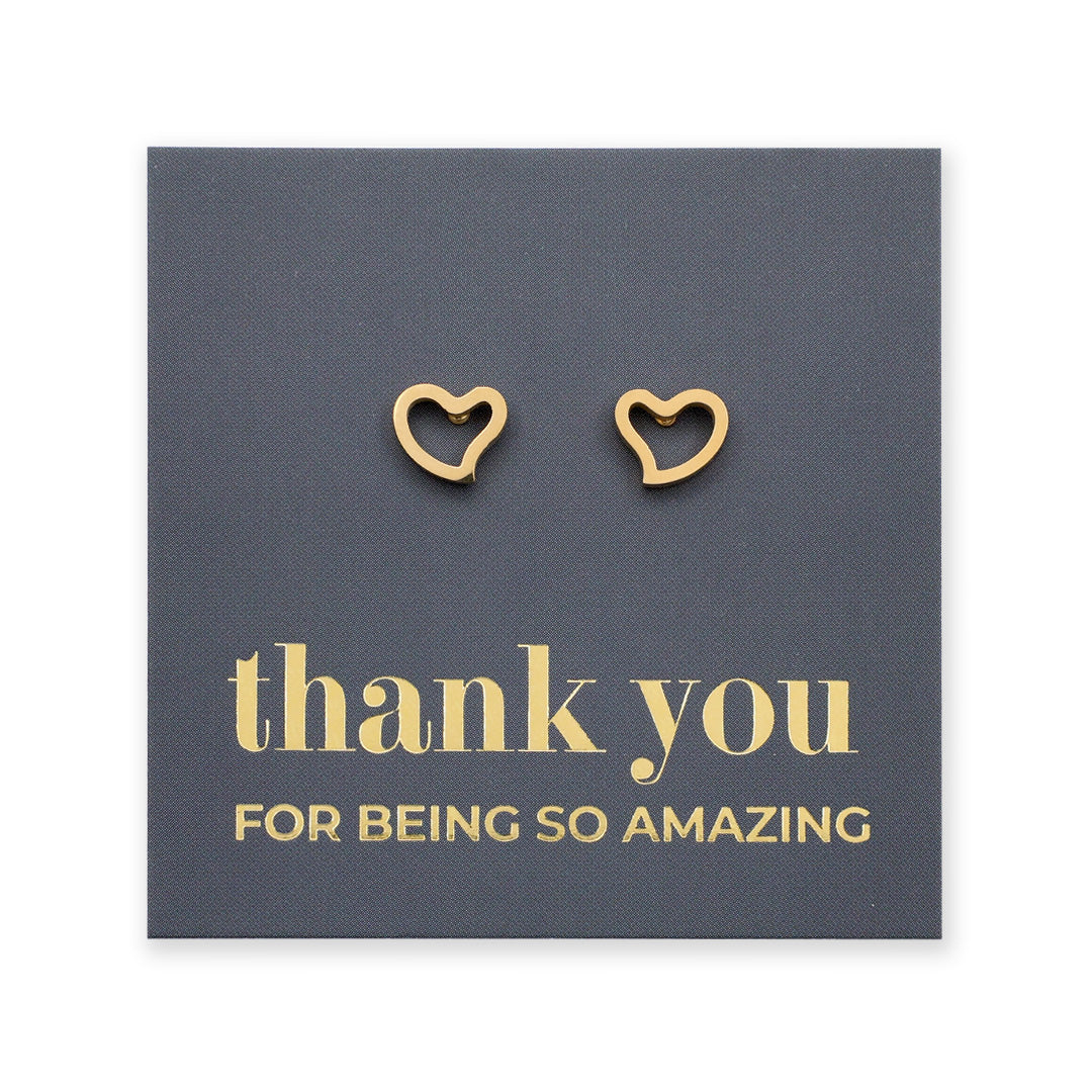 Gold heart-shaped earrings on a dark blue card with 'thank you for being so amazing' text.