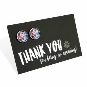 Floral stud earrings on a 'Thank you for being so amazing!' card
