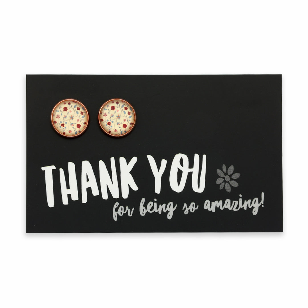 floral print earrings on a card with 'Thank you for being so amazing!' text