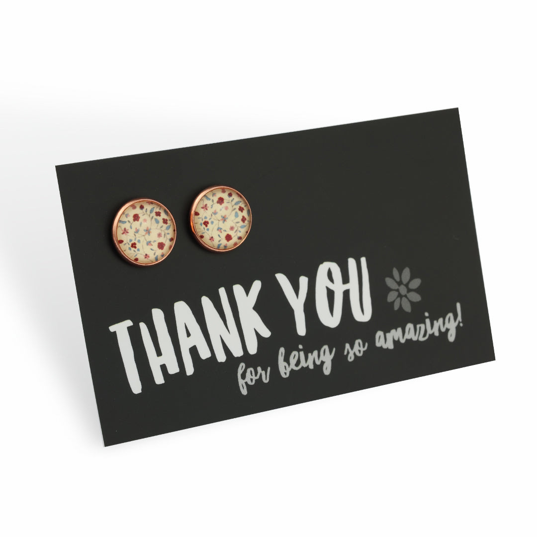 floral print earrings on a card with 'Thank you for being so amazing!' text
