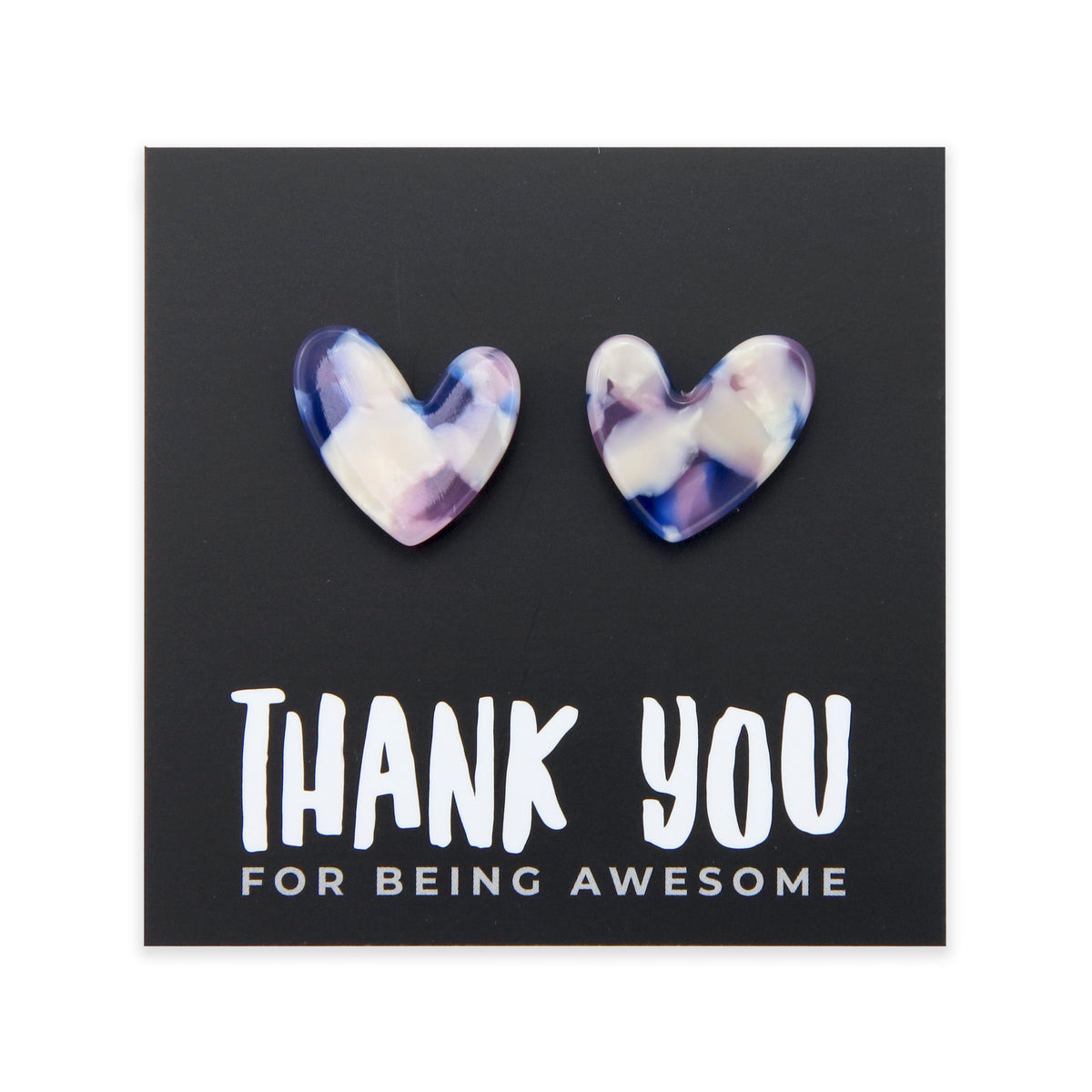 Heart-shaped earrings on a card with 'Thank you for being awesome' text