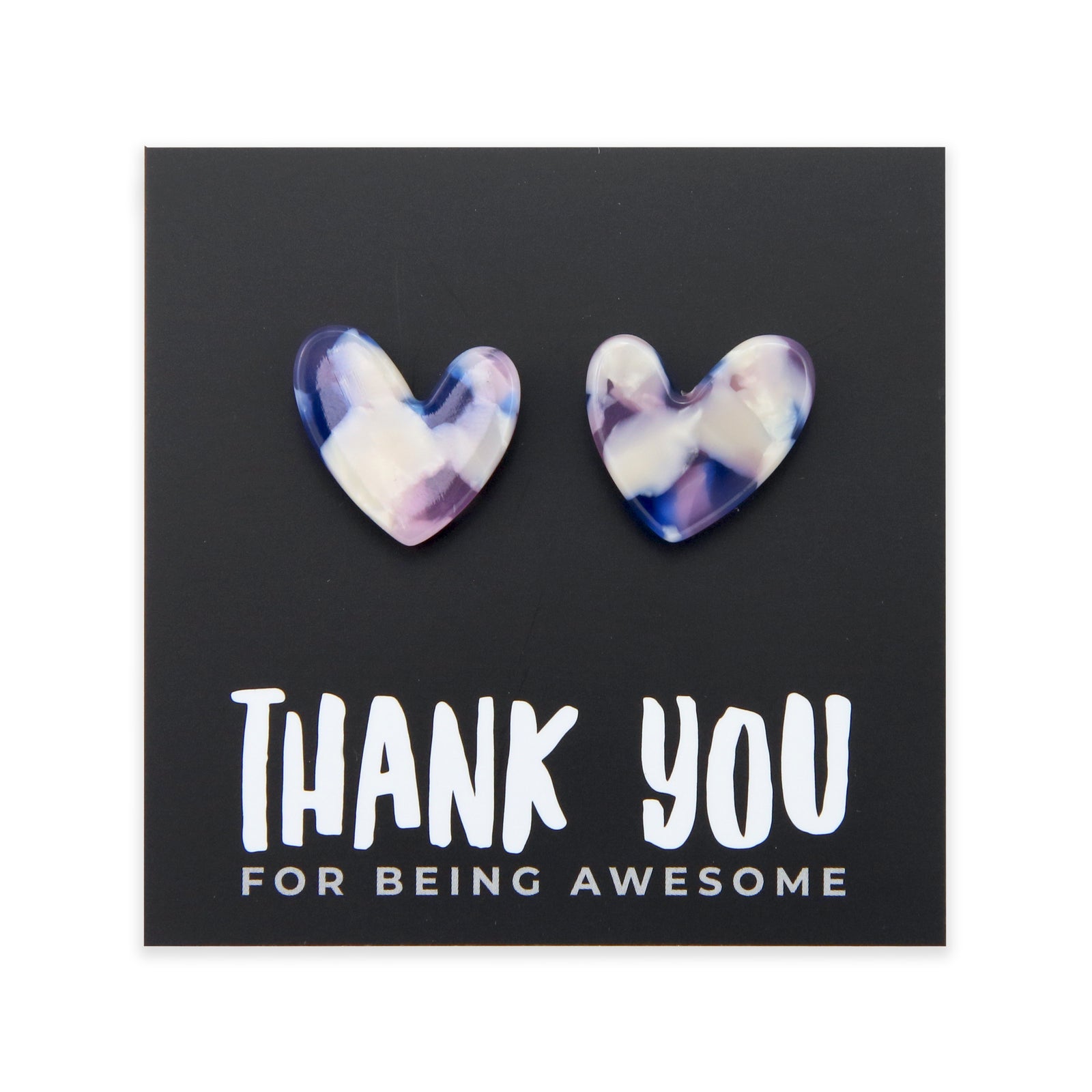 Heart-shaped earrings on a card with 'Thank you for being awesome' text