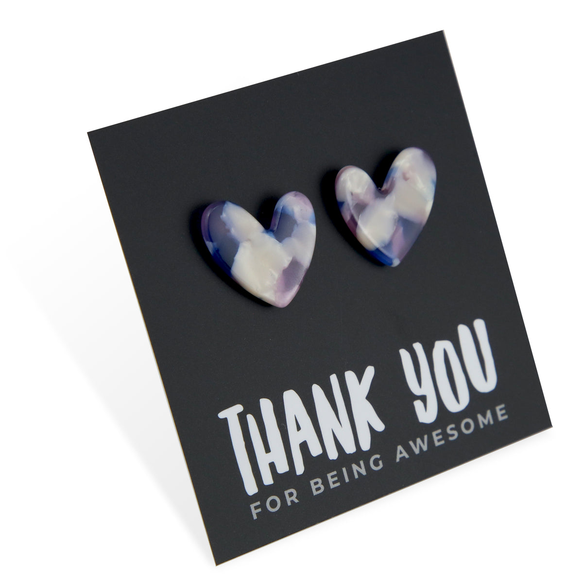 Heart-shaped earrings on a card with 'Thank you for being awesome' text