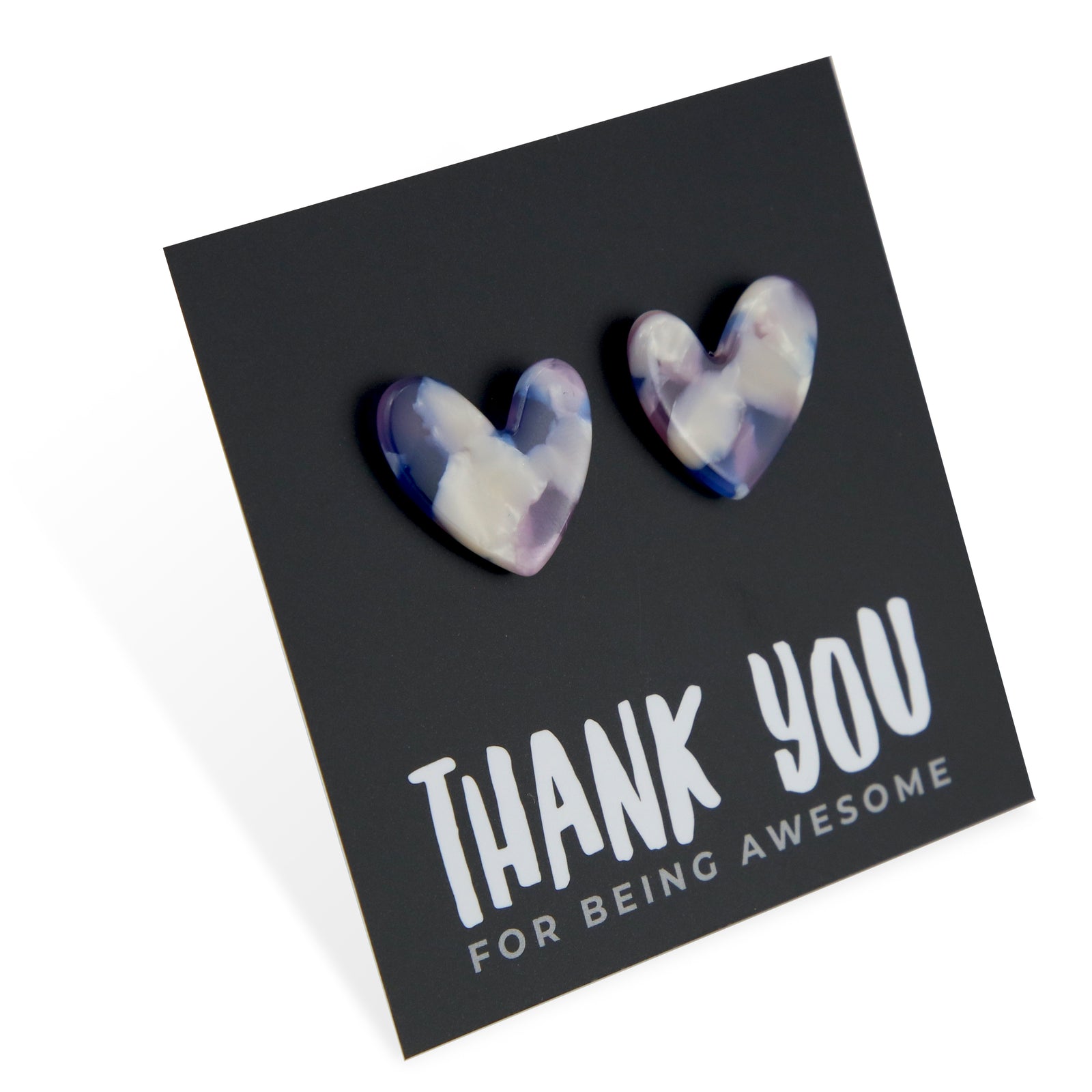 Heart-shaped earrings on a card with 'Thank you for being awesome' text