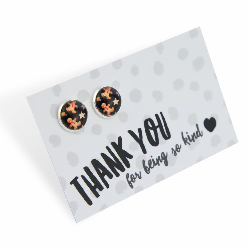 CHRISTMAS - Gingerbread Black - Bright Silver 12mm Circle Studs - Thank You For Being So Kind (11412)