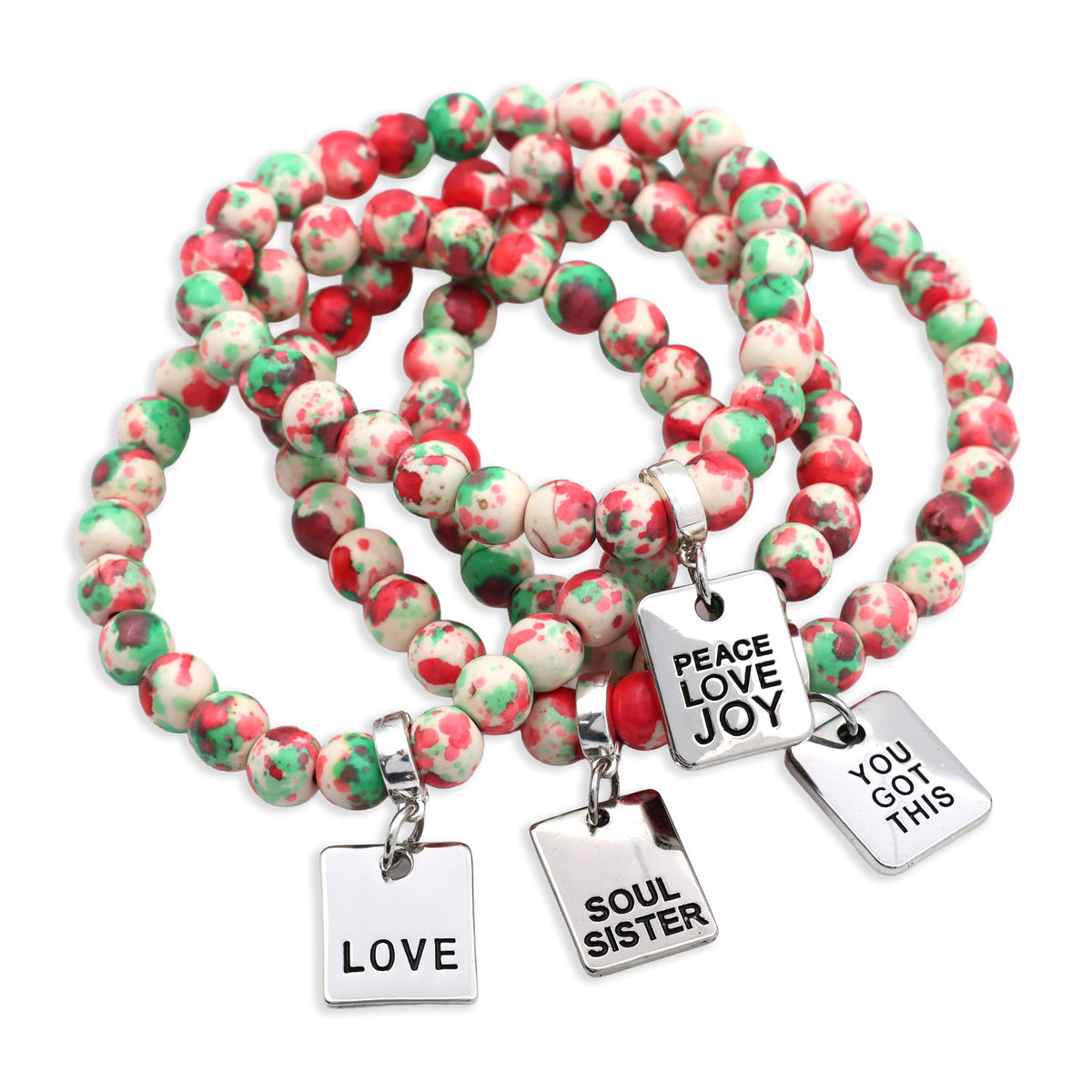 Set of colorful beaded bracelets with motivational charms on a white background