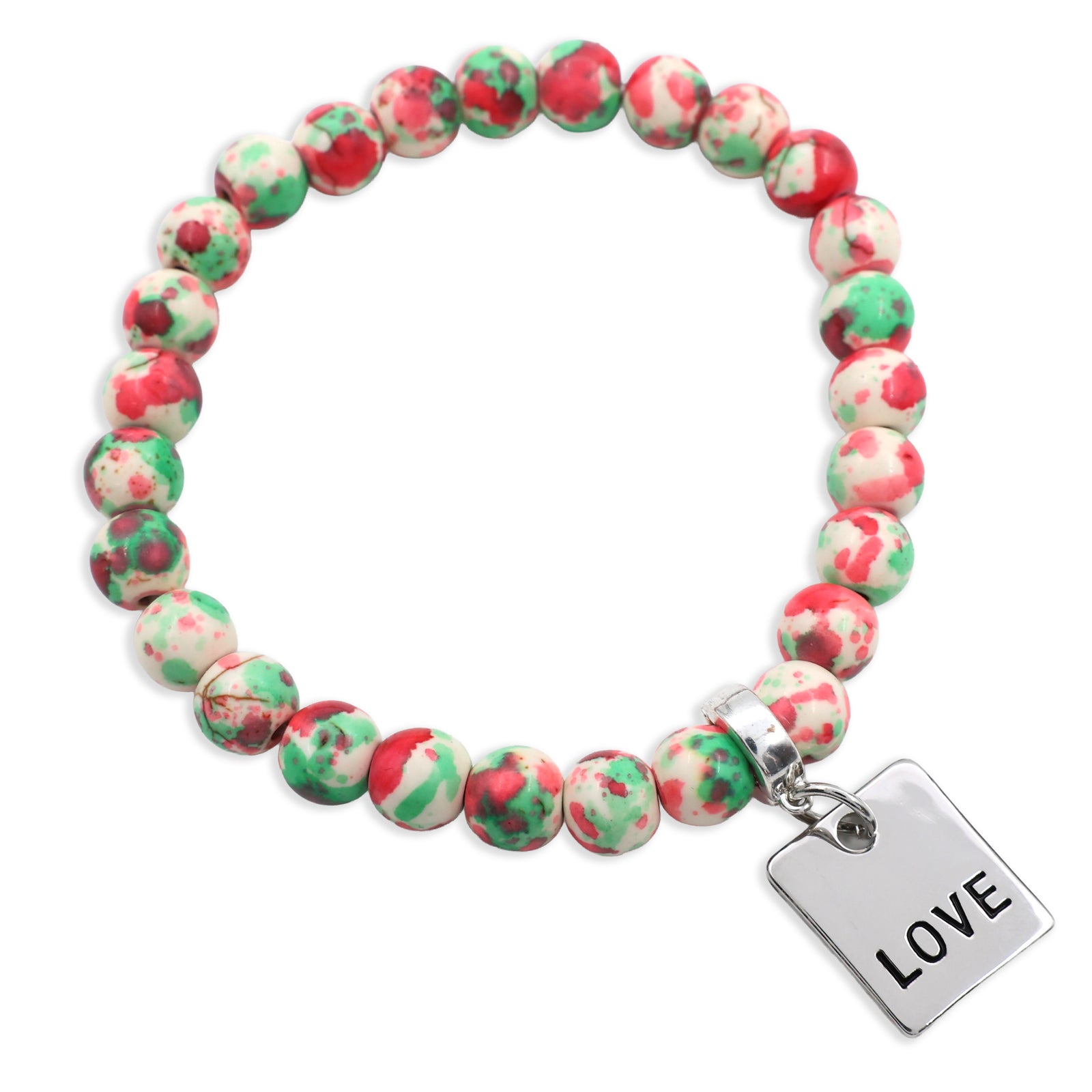 Set of colorful beaded bracelets with motivational charms on a white background