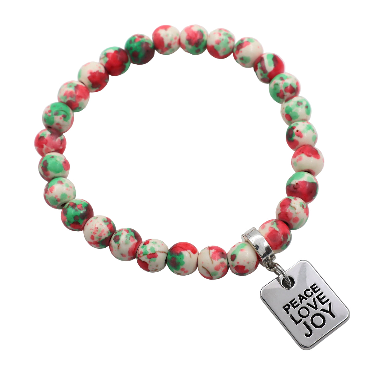 Beaded bracelet with 'Peace Love Joy' charm on a white background