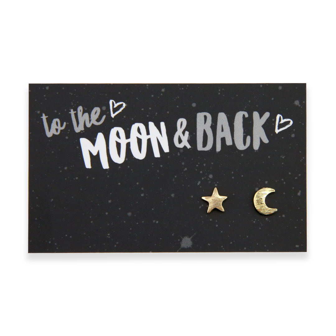 Gold star and moon earrings on a black card with 'to the moon & back' text.