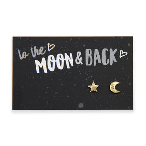 Gold star and moon earrings on a black card with 'to the moon & back' text.
