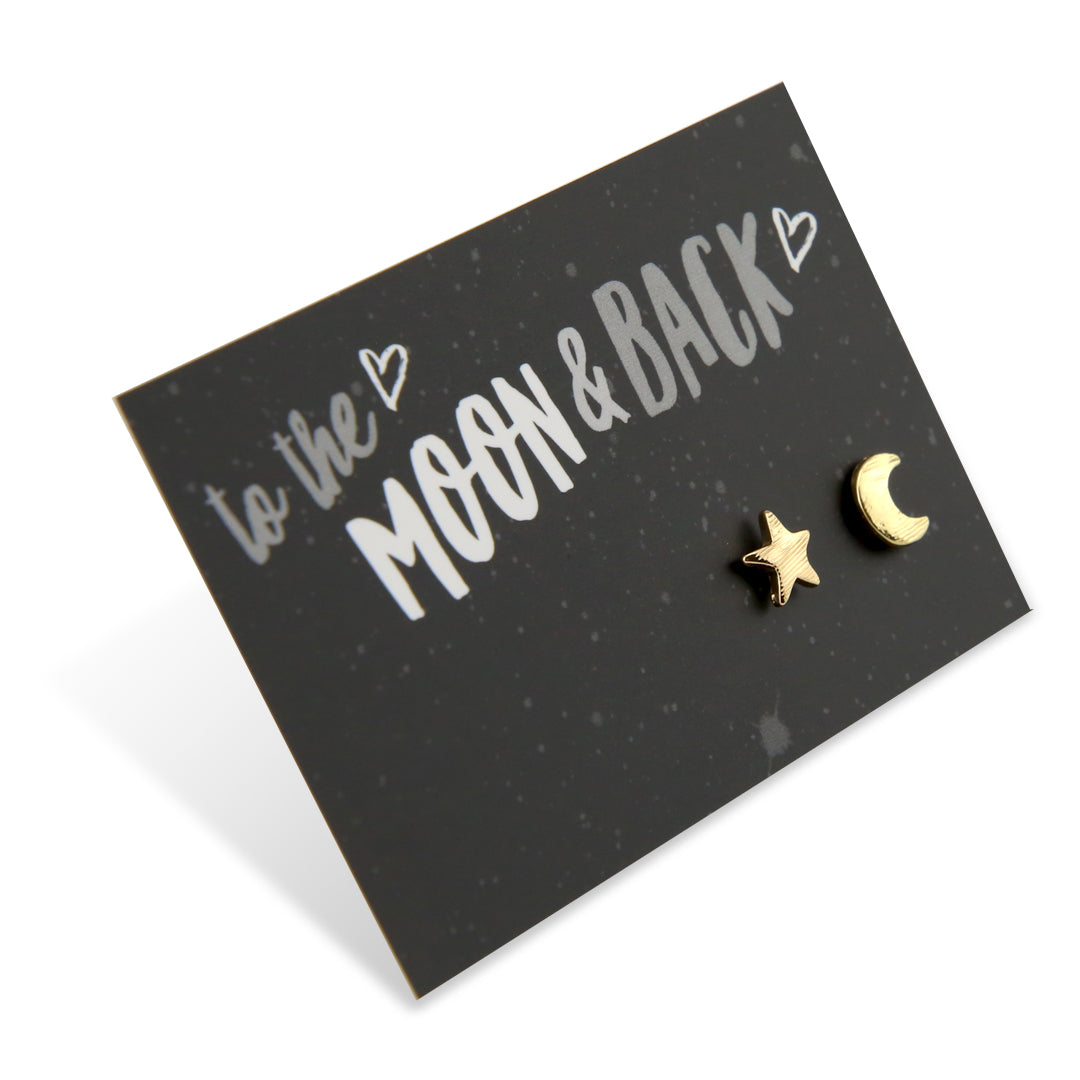 Gold star and moon earrings on a 'To the Moon & Back' card