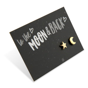 Gold star and moon earrings on a 'To the Moon & Back' card