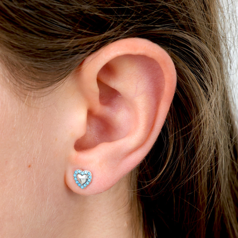 TEAL COLLECTION - Tiny Turquoise & Silver Hearts - Sterling Silver Studs - Strong Beautiful Courageous (11863)