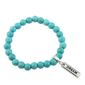Stone Bracelet - Turquoise 8mm Beads - with Silver Word charm