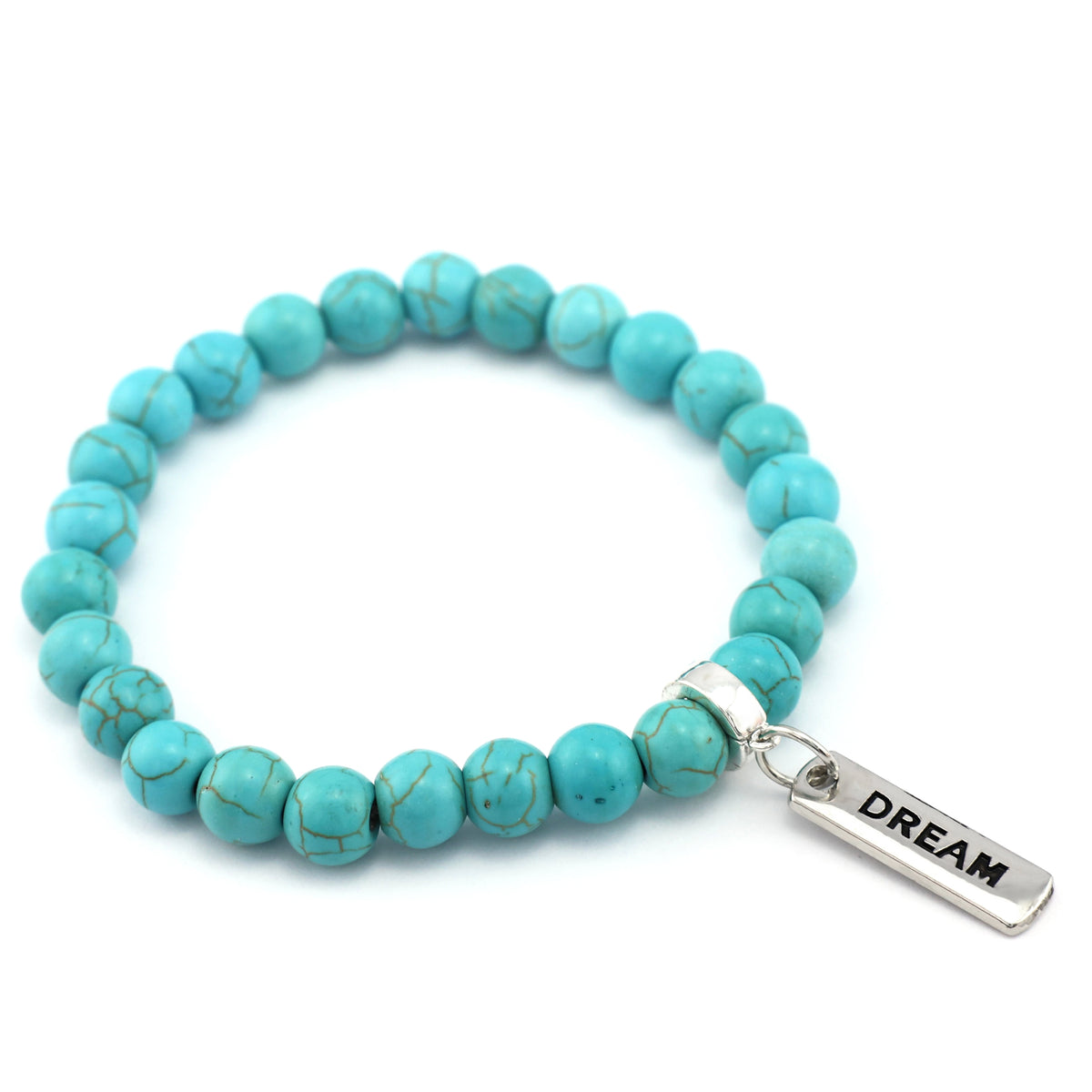 Turquoise beaded bracelet with a 'DREAM' tag on a white background