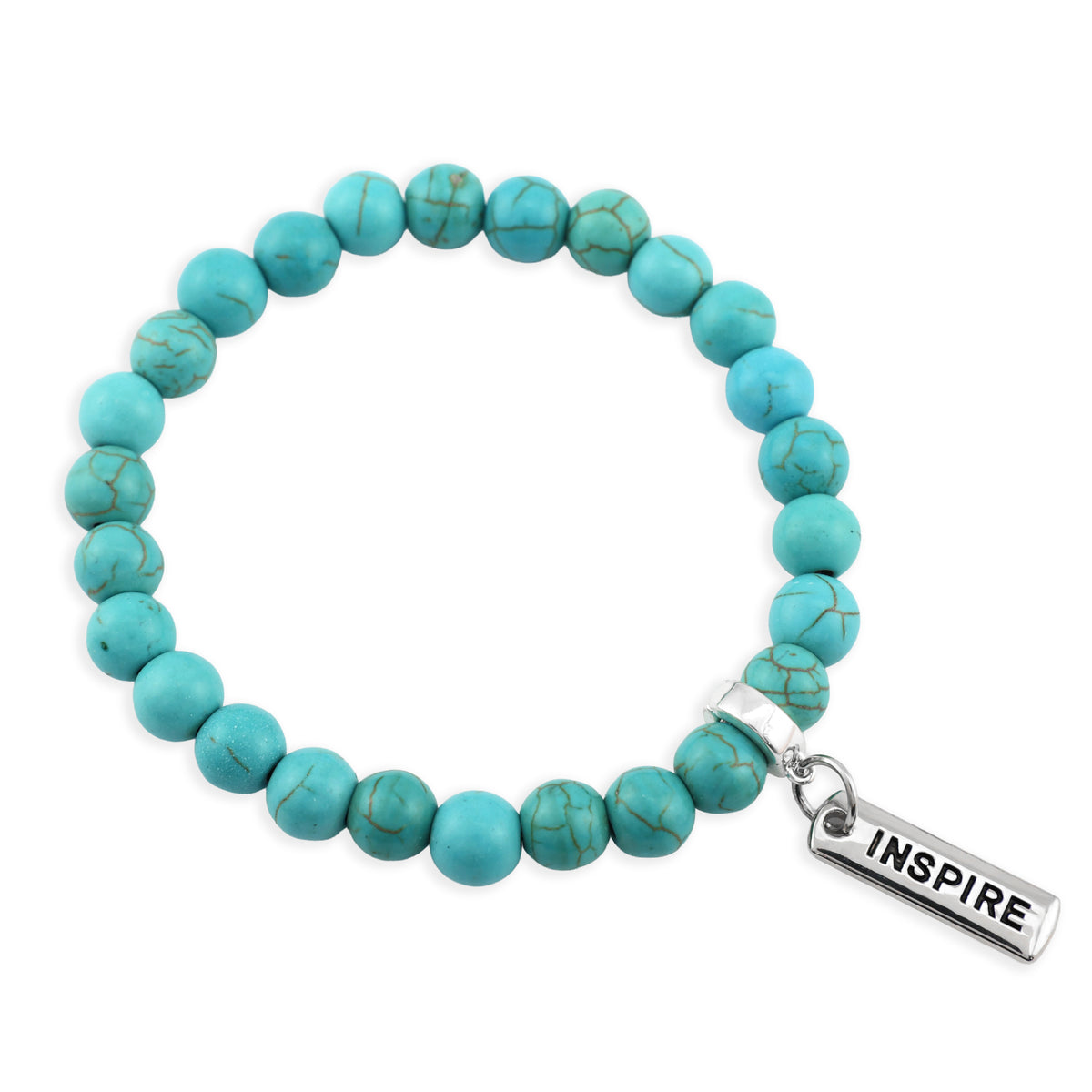 Stone Bracelet - Turquoise 8mm Beads - with Silver Word charm