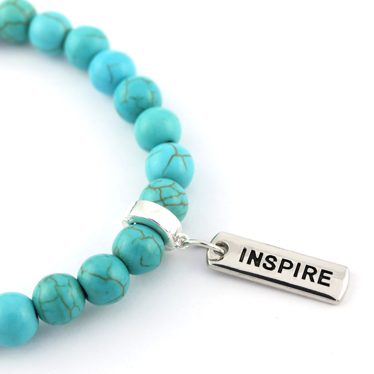 Stone Bracelet - Turquoise 8mm Beads - with Silver Word charm