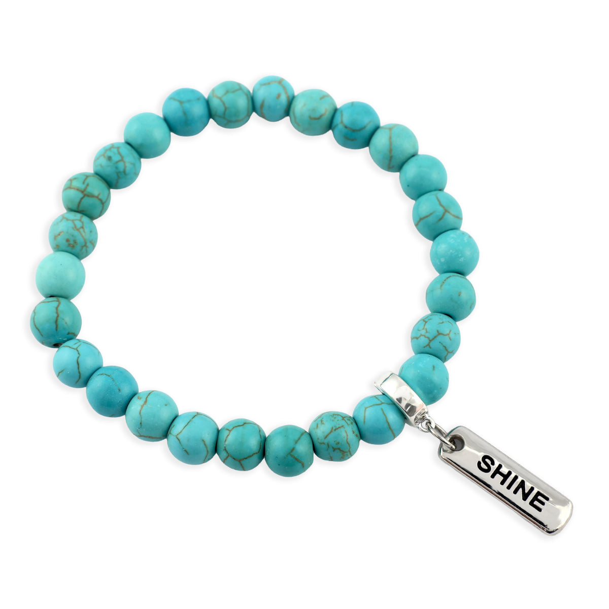 Stone Bracelet - Turquoise 8mm Beads - with Silver Word charm