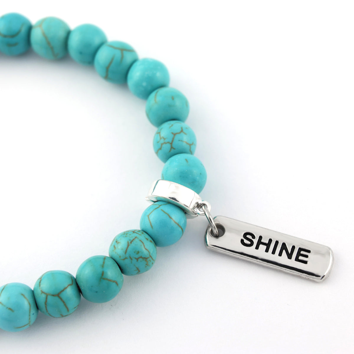 Stone Bracelet - Turquoise 8mm Beads - with Silver Word charm