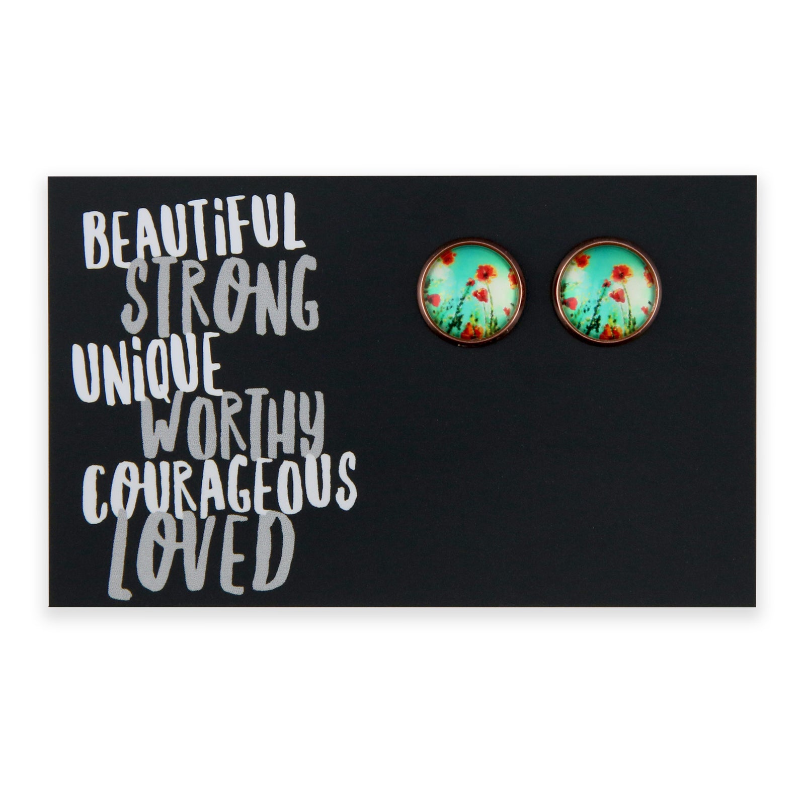 Pair of earrings on a card with motivational text
