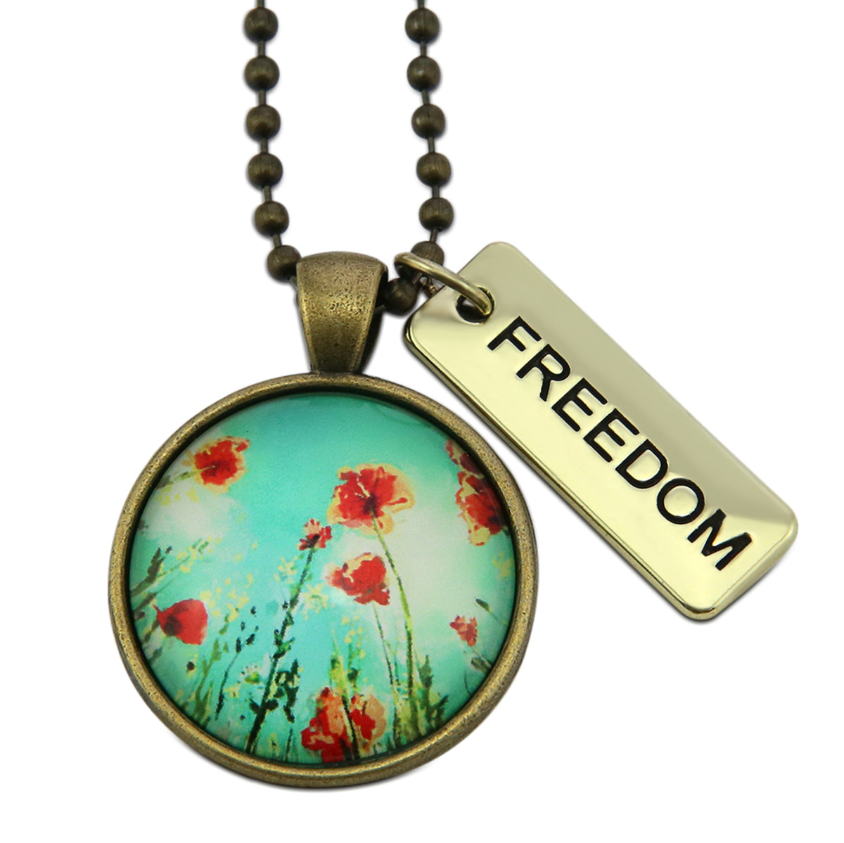 Necklace with floral pendant and 'FREEDOM' tag on a white background
