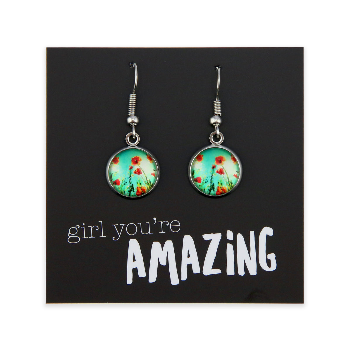 Pair of earrings with floral design on a card with 'girl you're amazing' text