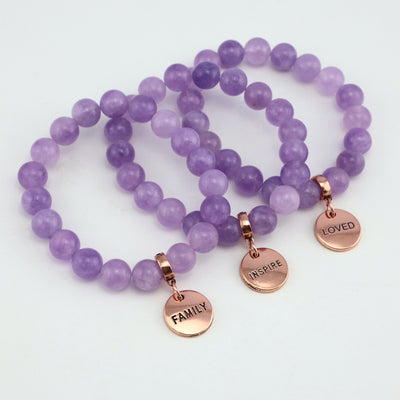 Stone Bracelet - Violet Agate 10mm Beads - with Rose Gold Word Charm