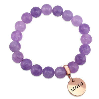 Stone Bracelet - Violet Agate 10mm Beads - with Rose Gold Word Charm