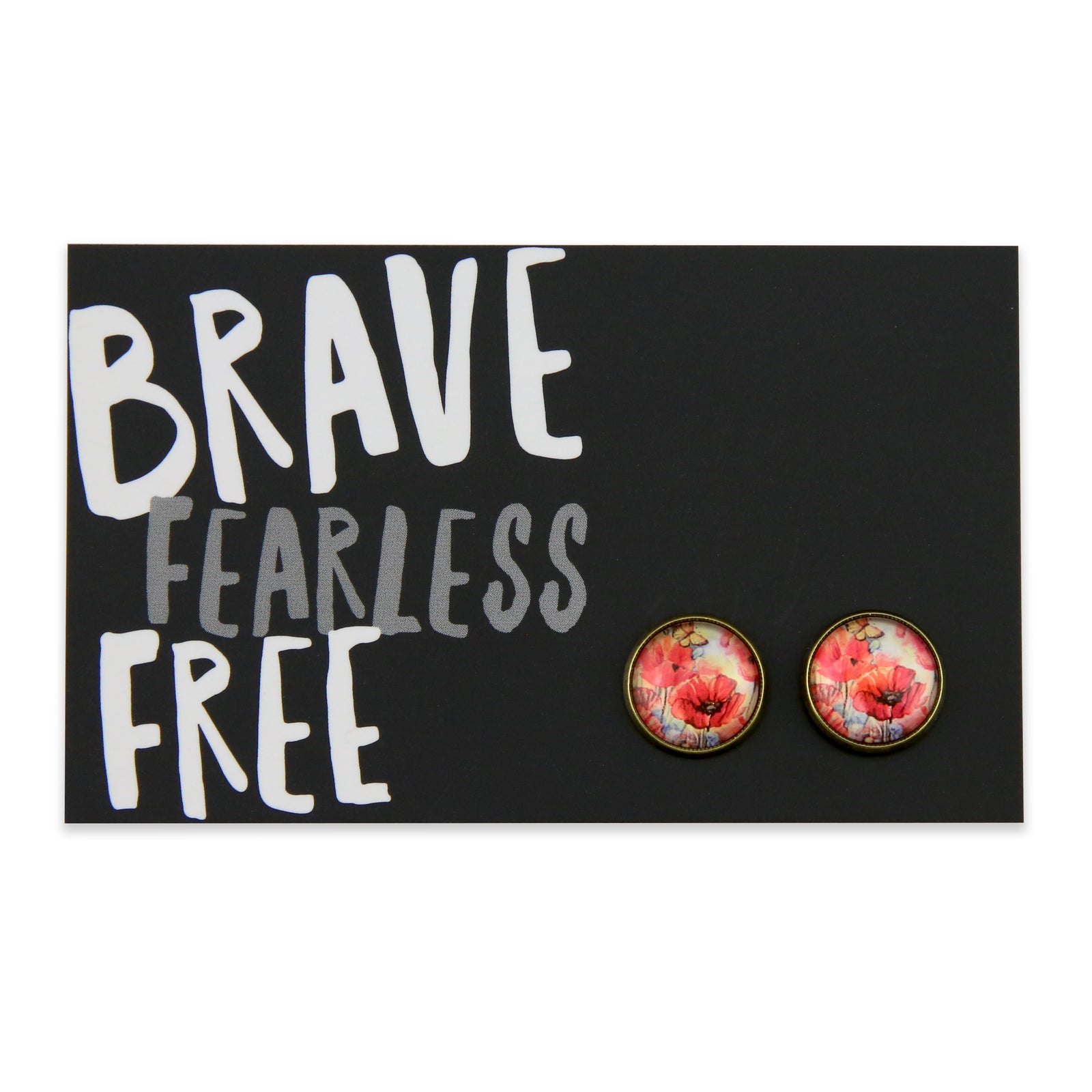 Floral earrings on a card with 'Brave Fearless Free' text