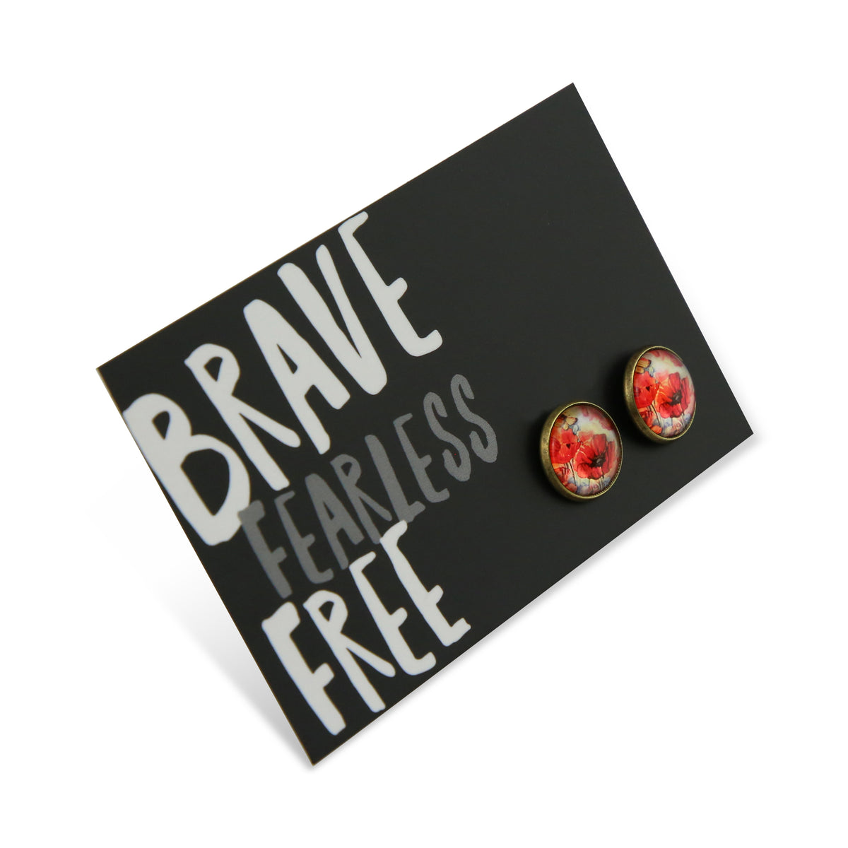 Pair of earrings on a card with 'Brave Fearless Free' text
