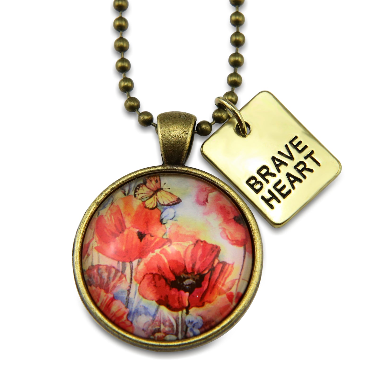 Necklace with floral pendant and 'Brave Heart' tag on a white background