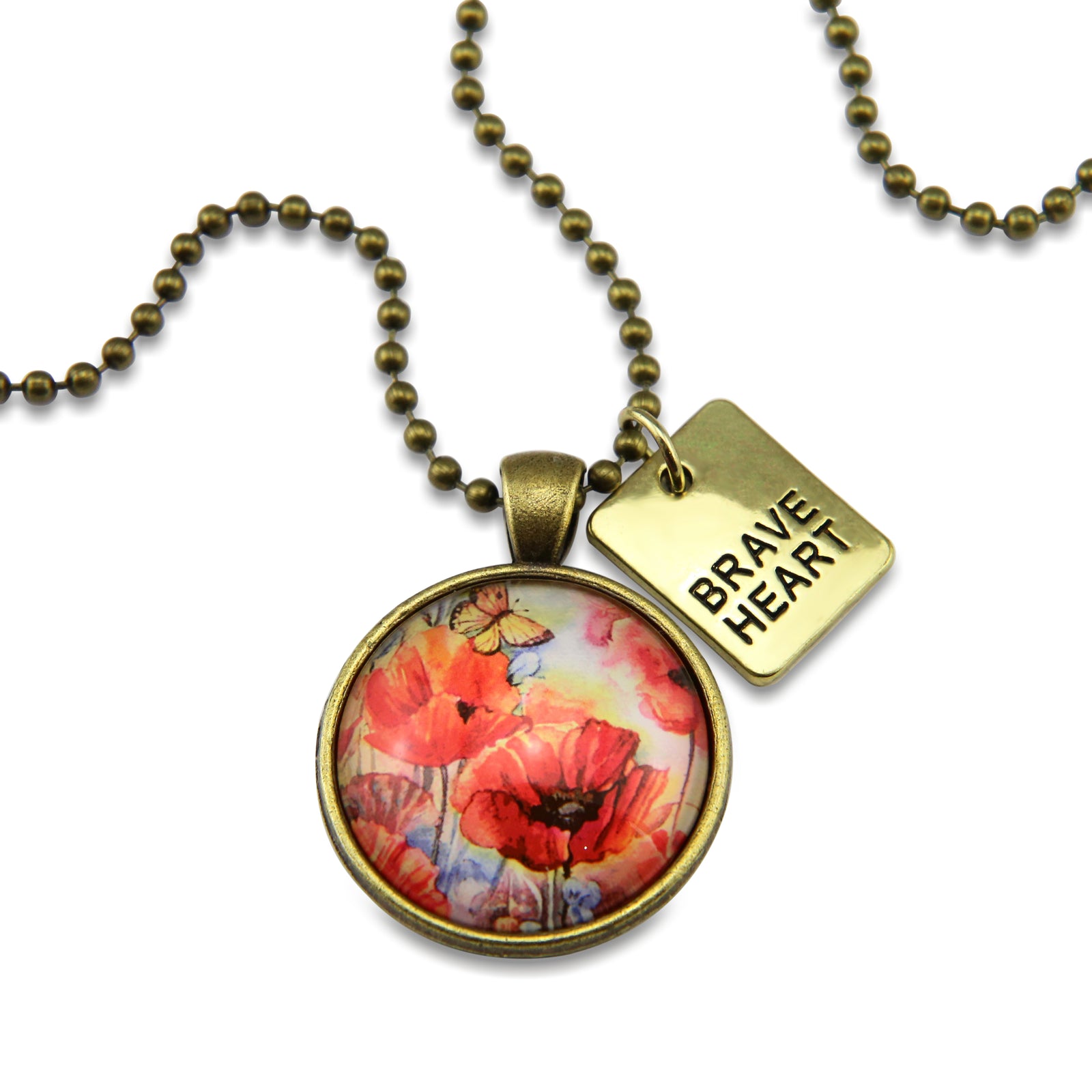 Necklace with floral pendant and 'Brave Heart' tag on a white background