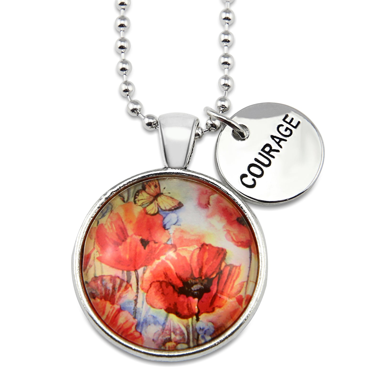 Necklace with floral pendant and 'COURAGE' charm on a white background