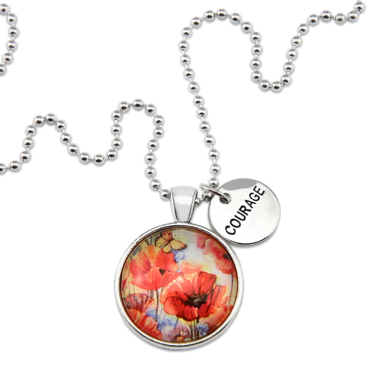 Necklace with floral pendant and 'COURAGE' charm on a white background