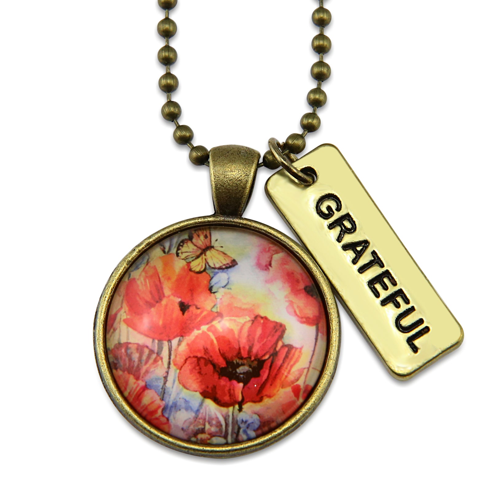 Necklace with floral pendant and 'GRATEFUL' tag on a white background