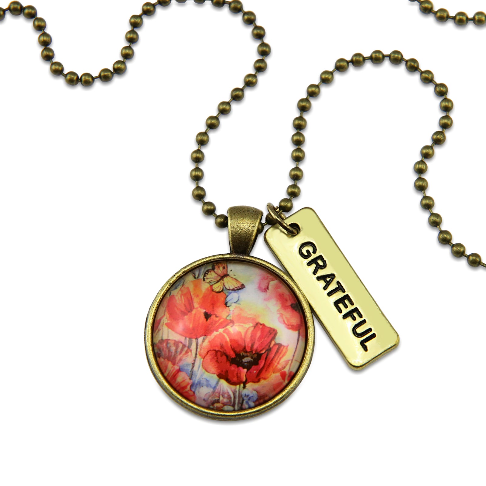 Necklace with floral pendant and 'GRATEFUL' tag on a white background