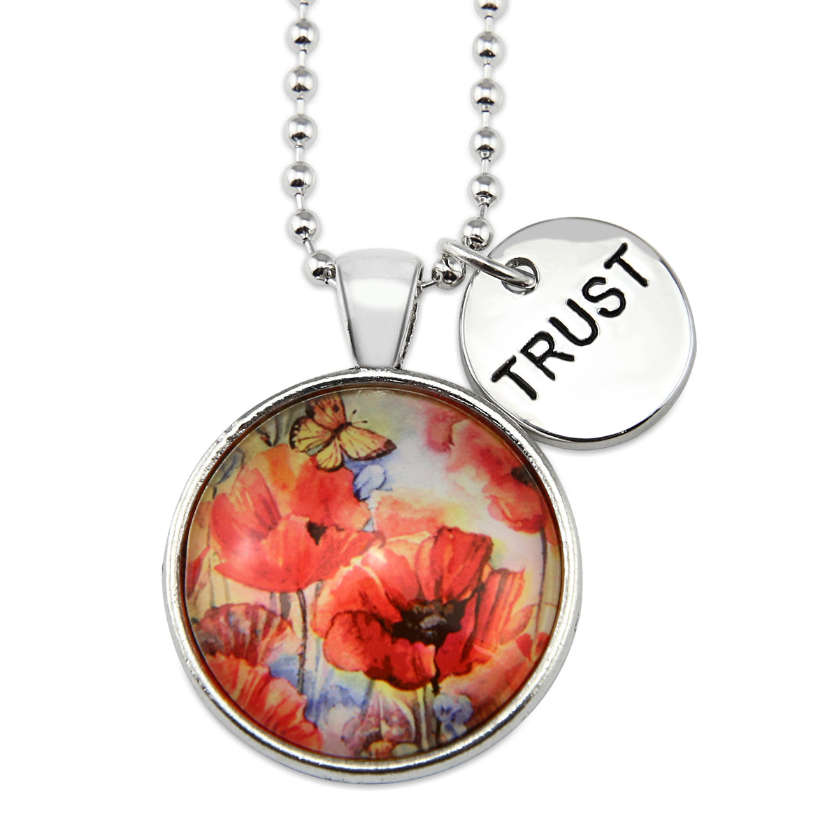 Necklace with floral pendant and 'TRUST' charm on a white background