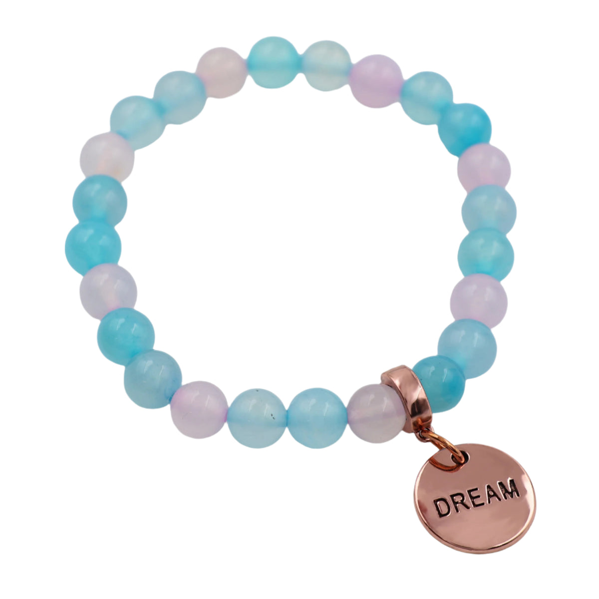 Beaded bracelet with a 'DREAM' charm on a white background
