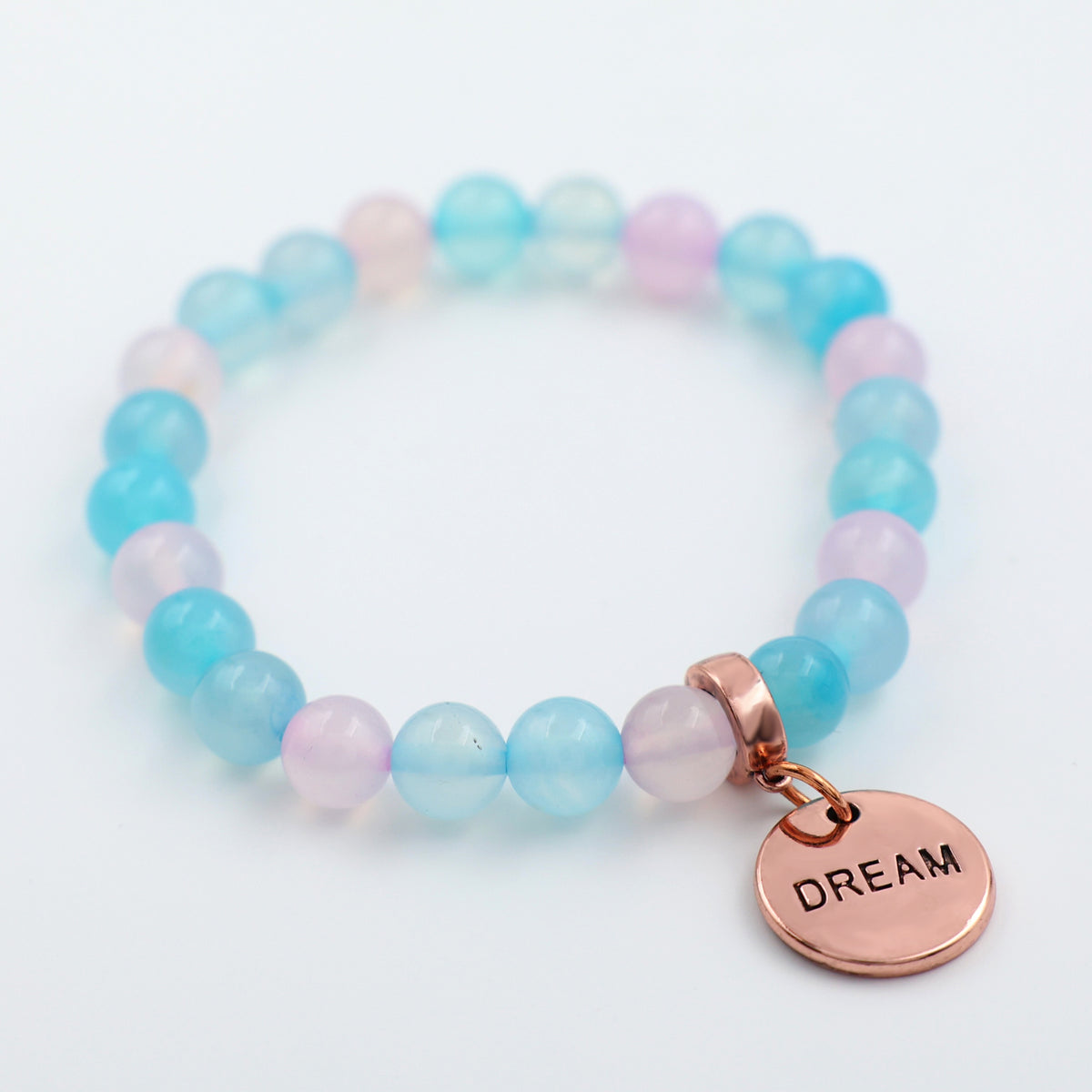 Stone Bracelet - WHISPER pastel agate 8mm Beads - With Rose Gold Charms