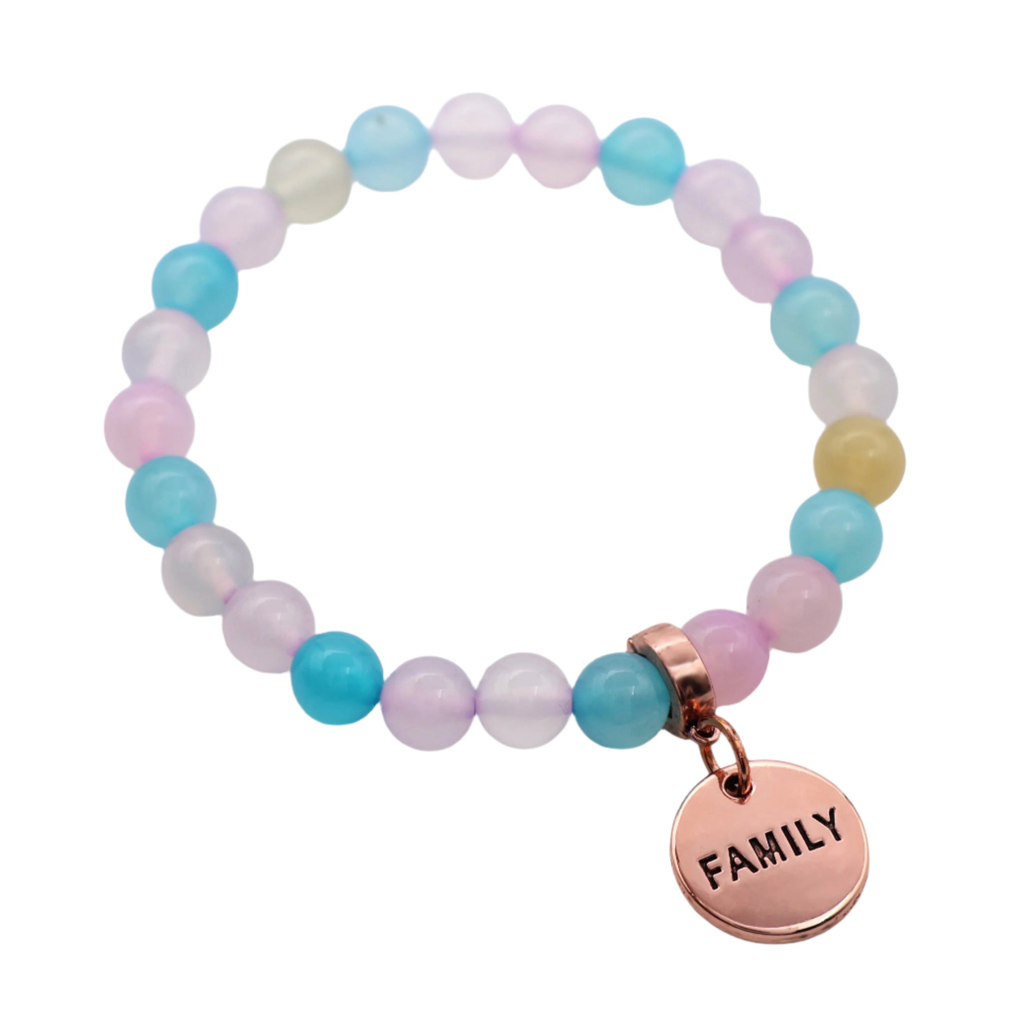 Set of colorful beaded bracelets with rose gold charms on a white background