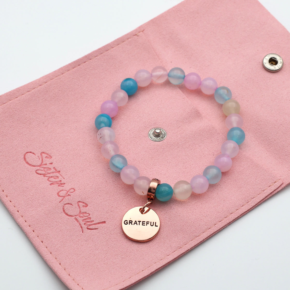 Stone Bracelet - WHISPER pastel agate 8mm Beads - With Rose Gold Charms