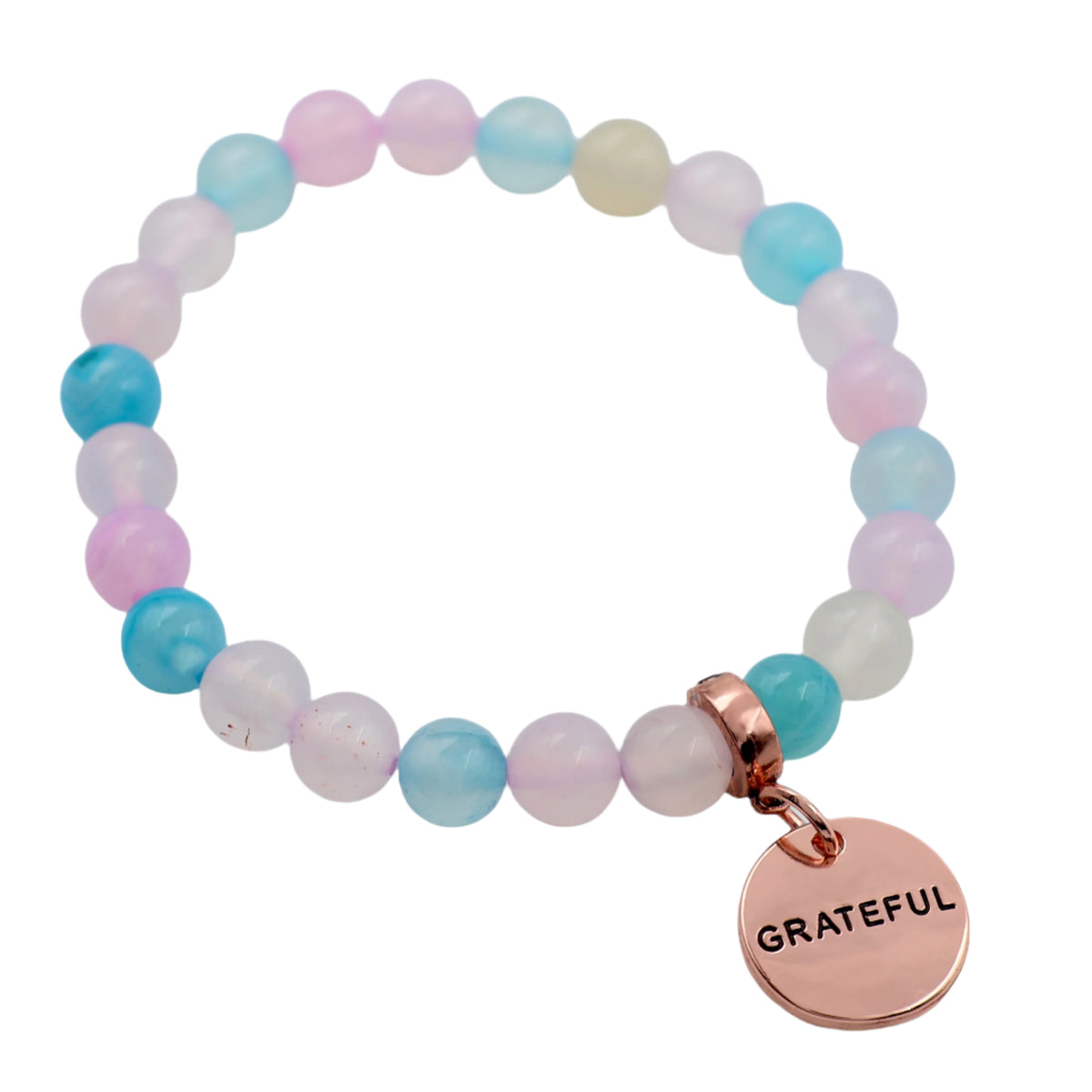 Multicolored beaded bracelet with a 'GRATEFUL' charm on a white background