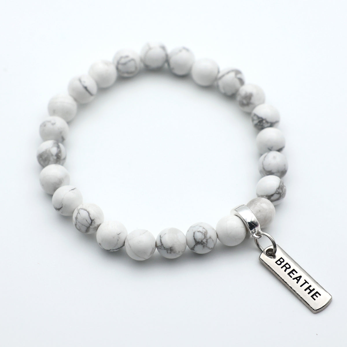 Stone Bracelet - White Marble 8mm Beads - with Silver Word Charm