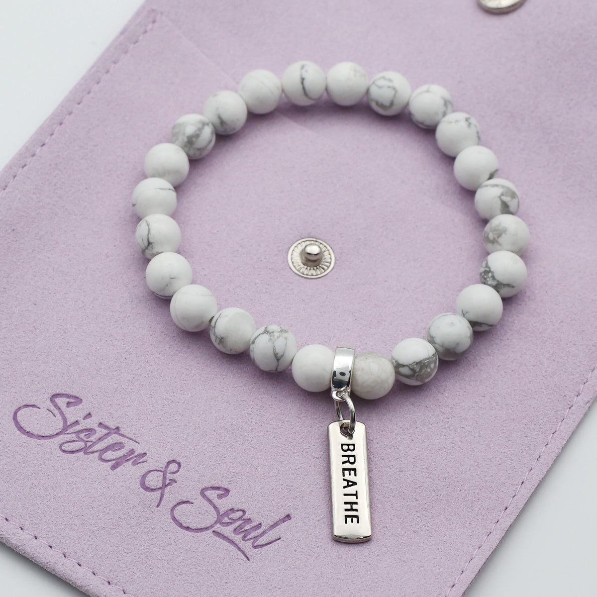 Stone Bracelet - White Marble 8mm Beads - with Silver Word Charm