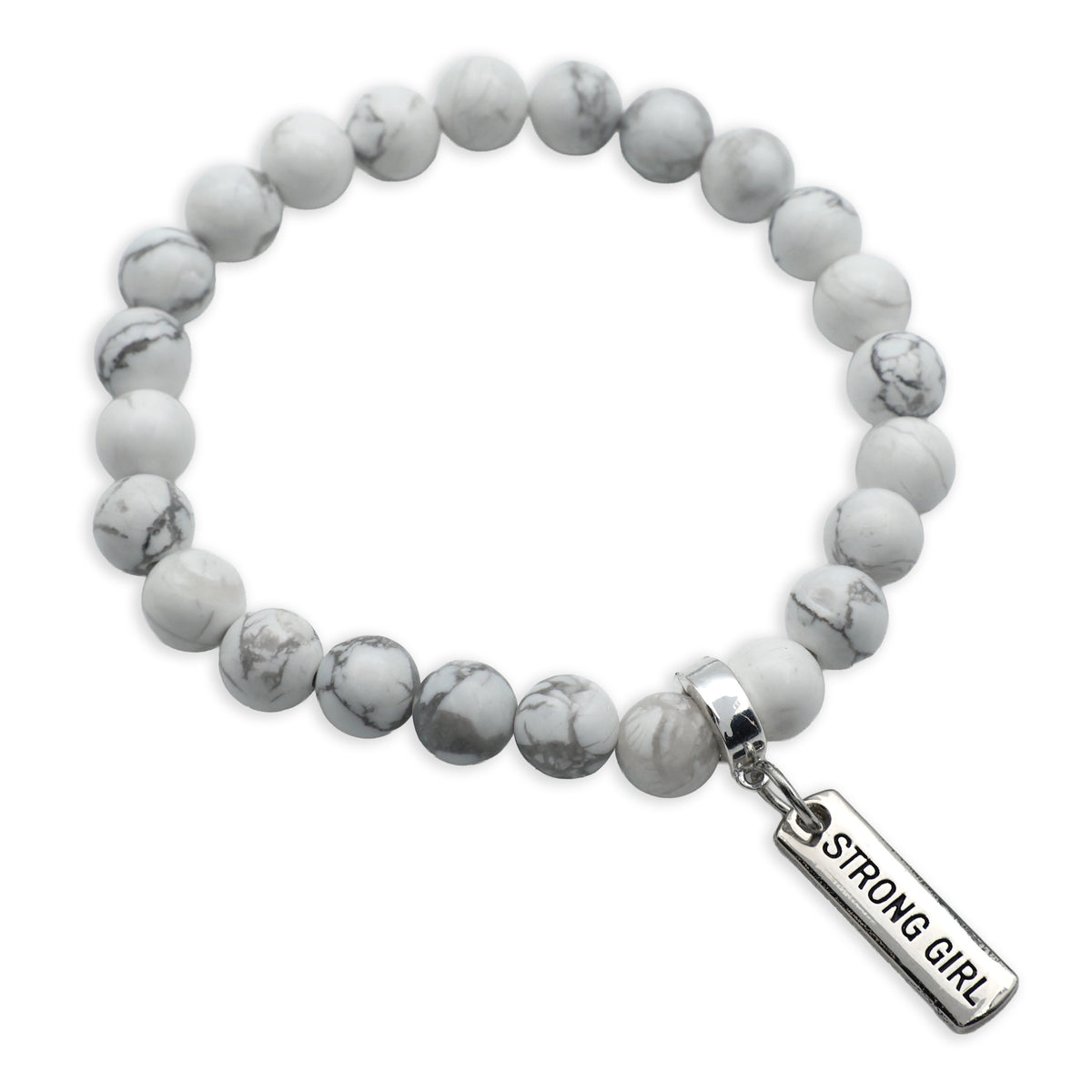 Stone Bracelet - White Marble 8mm Beads - with Silver Word Charm