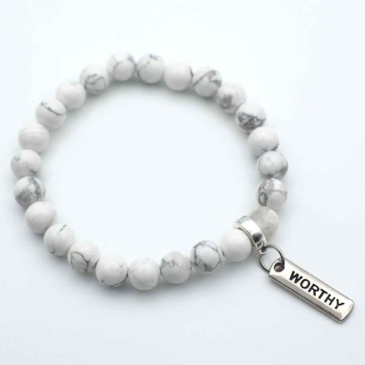 Stone Bracelet - White Marble 8mm Beads - with Silver Word Charm