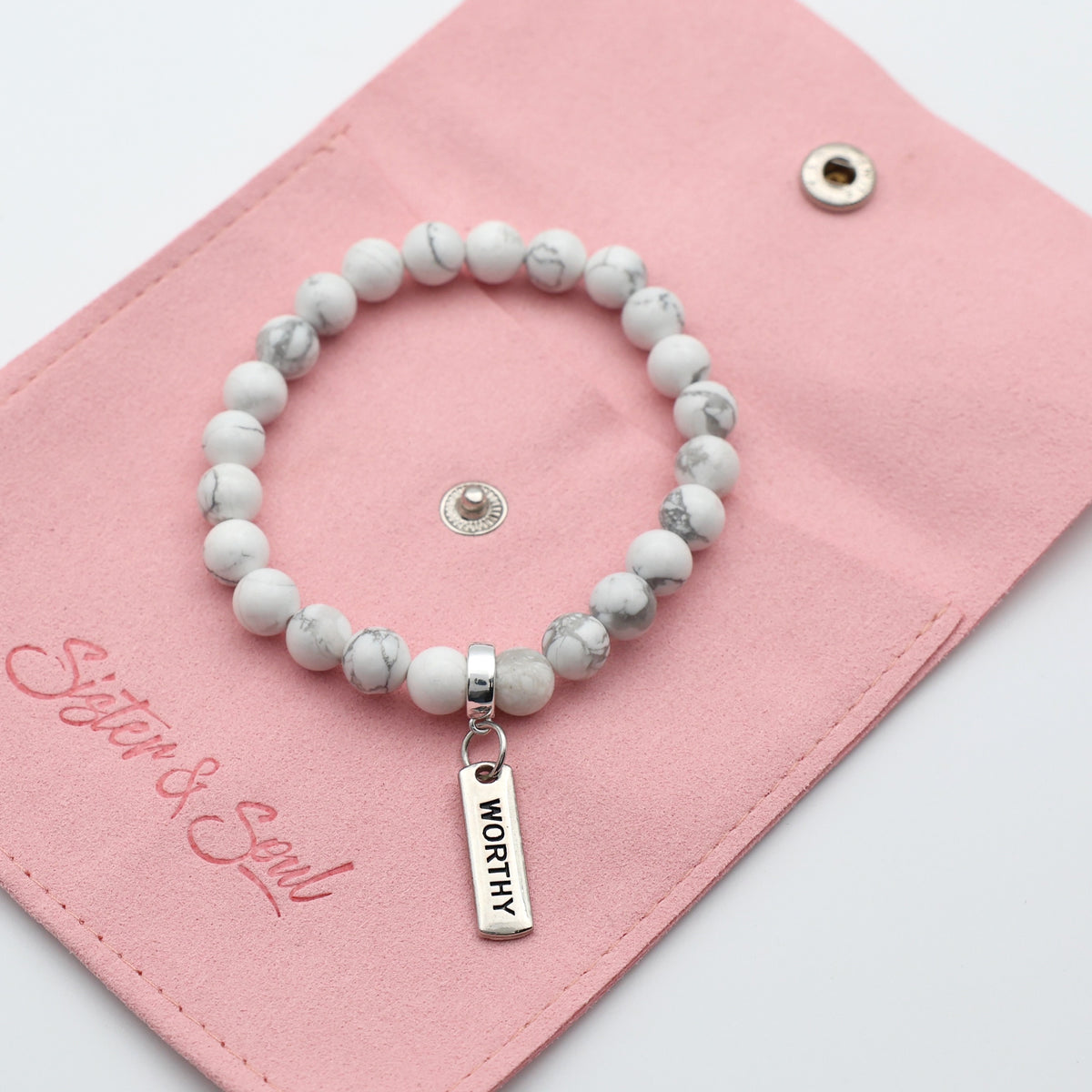 Stone Bracelet - White Marble 8mm Beads - with Silver Word Charm