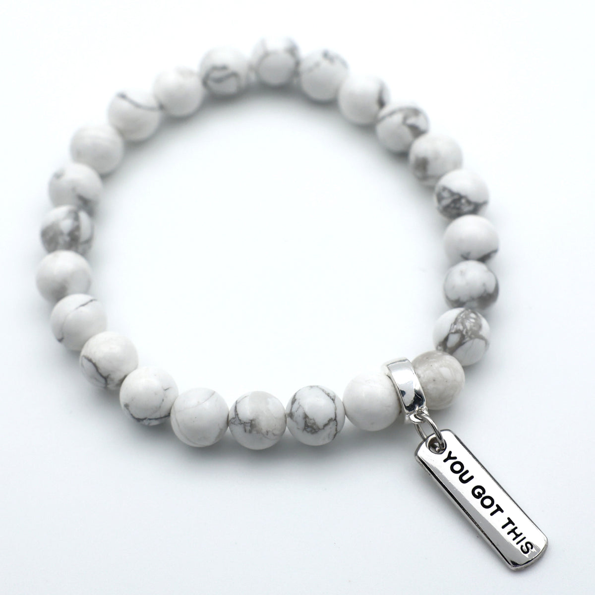 Stone Bracelet - White Marble 8mm Beads - with Silver Word Charm