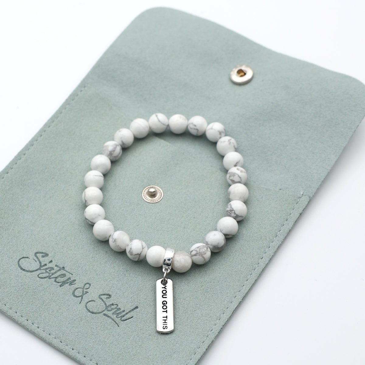 Stone Bracelet - White Marble 8mm Beads - with Silver Word Charm