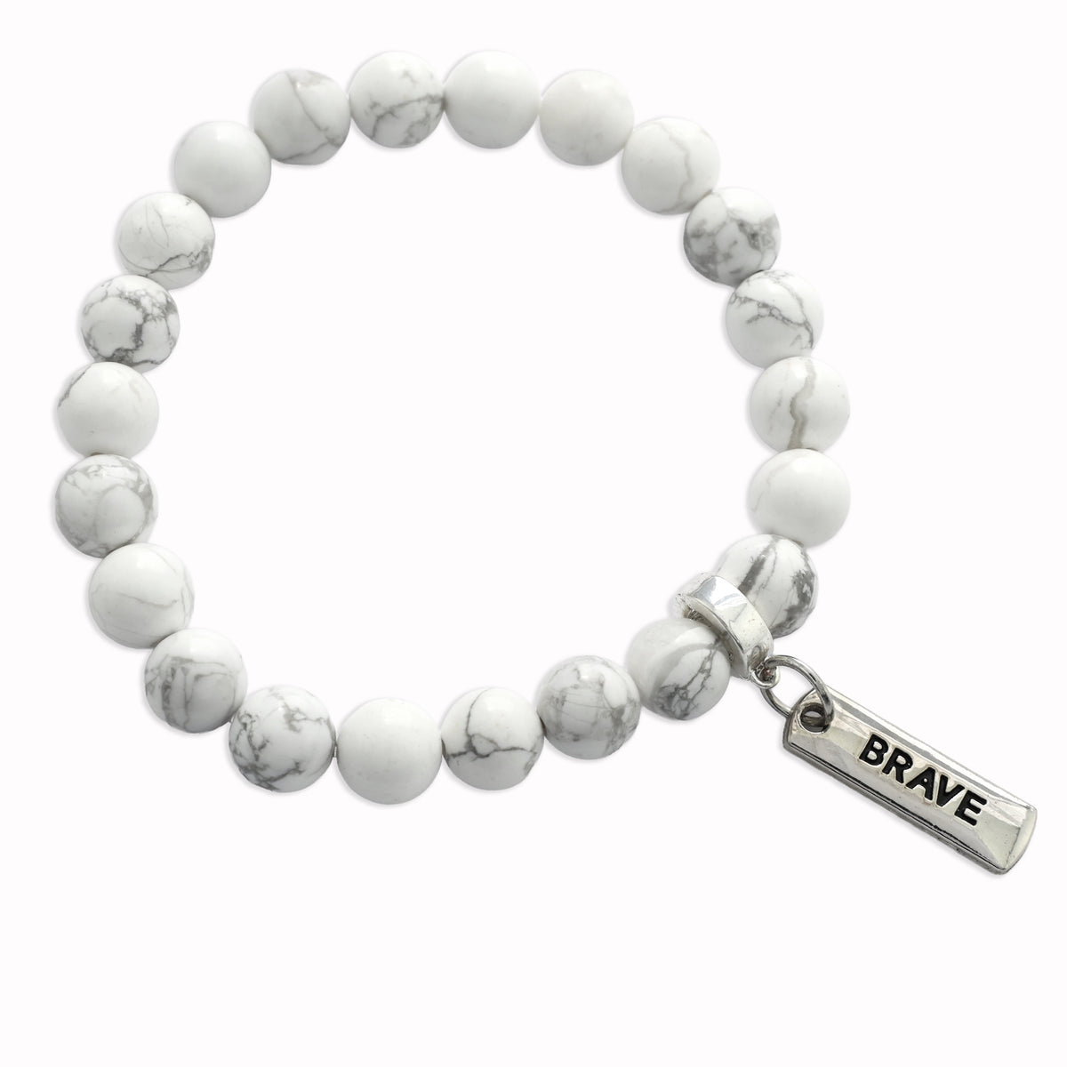 Stone Bracelet - White Marble 8mm Beads - with Silver Word Charm
